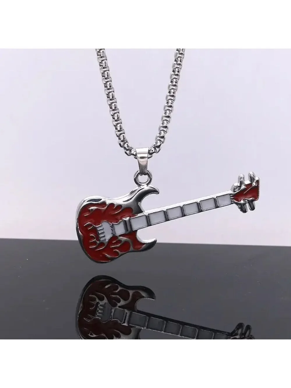 Emerald Green Flaming Guitar with White Neck Rocker Necklace and Pendant 1559
